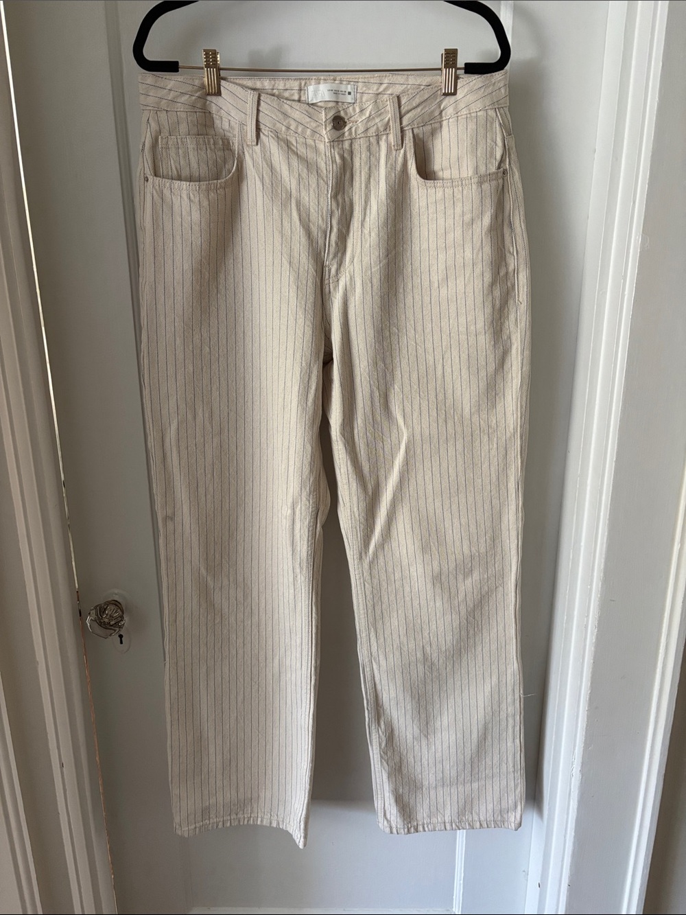 ZARA Cream Jeans with Navy Pinstripes